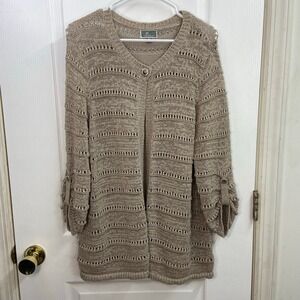 JM Collection tan crocheted striped cotton relaxed comfy button cardigan sweater